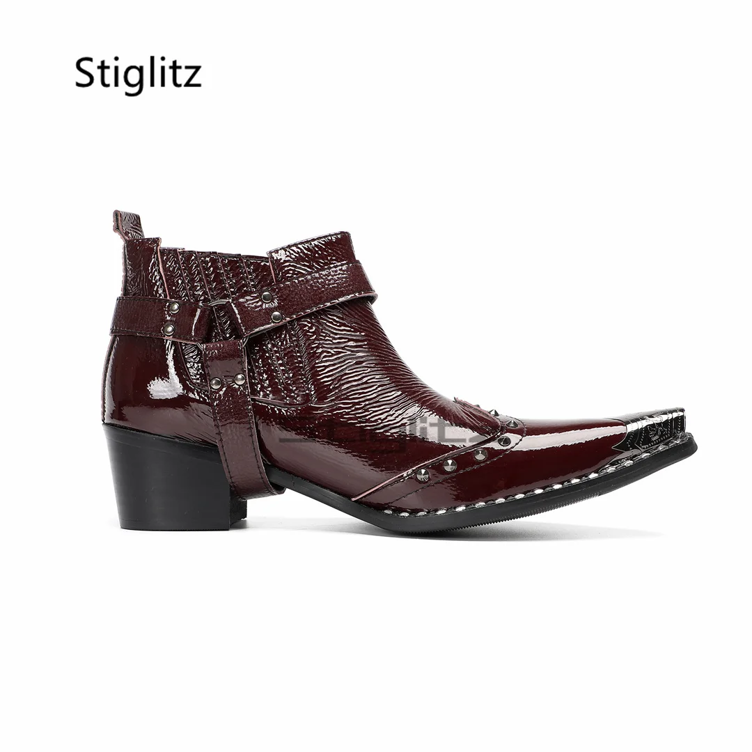 Men's Burgundy Rivet Chelsea Boots Metal Toe Buckle Strap High Heels Ankle Boots Genuine Leather Autumn Winter Business Shoes