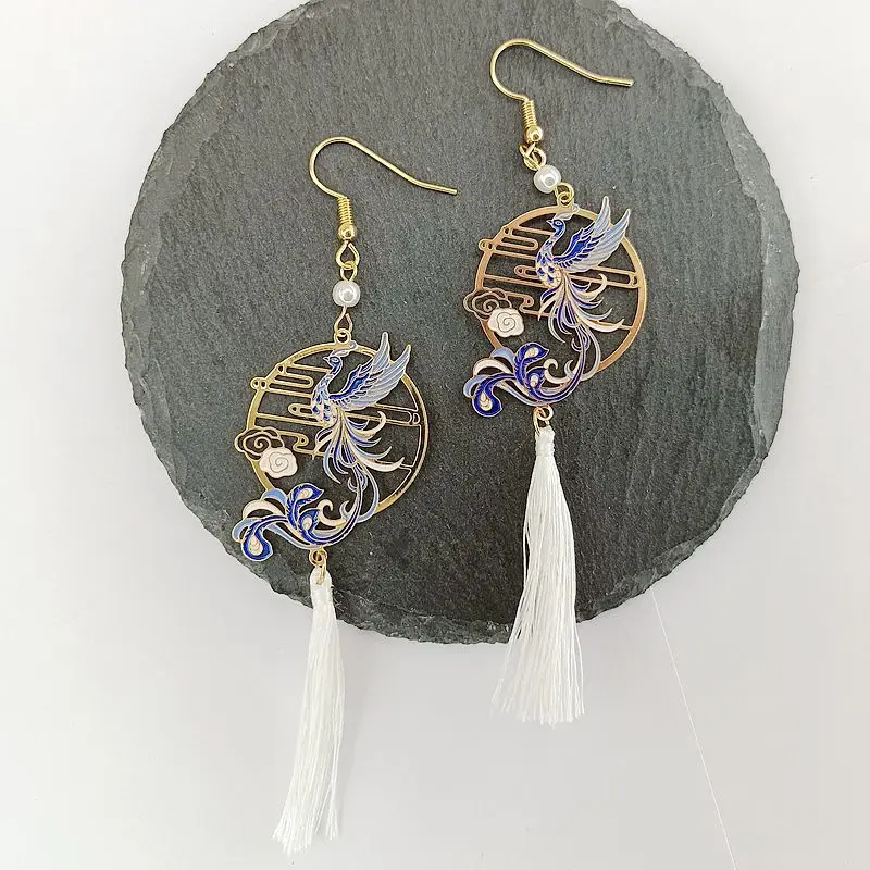 E014 Chinese Style Crane Drop Earrings,Metal Glaze Bird Dangle Earrings,Fashion Accessories Wholesale