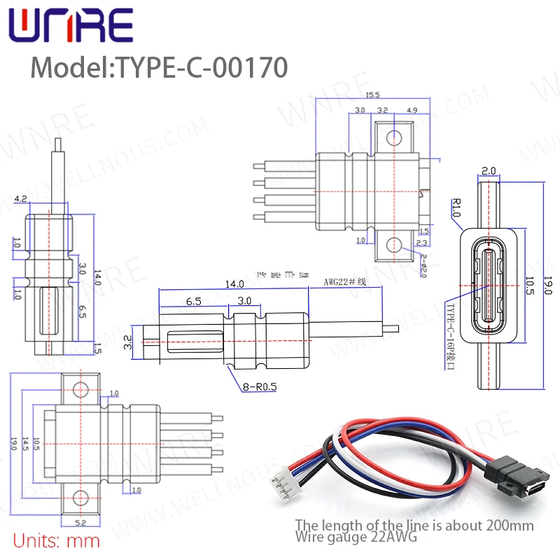 Up And Down Locking Screws 4P USB Power Connector Port TYPE-C-00170 Waterproof With Ear Fast Charging Data Cable Female