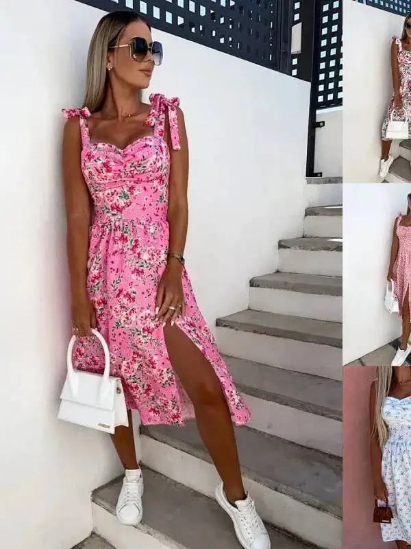 فستان صيفي نسائي أنيق مثير مطبوع عليه زهور بدون حمالات حبال الخصر ضيق سبليت فساتين نسائية منتصف العجل فستان بدون أكمام 20QT #3