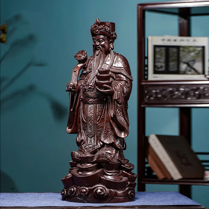 Ebony Wood Carving God of Wealth Buddha Statue Decoration Solid Wood Carving Fortune King Is Coming to Town Rosewood Craft Home