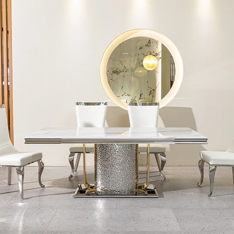 

Marble dining table household high-end 2.2 meters eating table European stainless steel dining table and chair