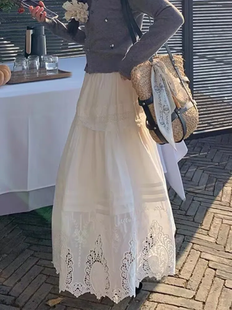 กระโปรงแฟชั่นใหม่สไตล์หวานสำหรับฤดูใบไม้ร่วง ผู้หญิง กระโปรงทรงเอ แต่งผ้าลูกไม้ฉลุลาย ขอบเอวยางยืด สีพื้น เรียบหรู เหมาะสำหรับงานปาร์ตี้