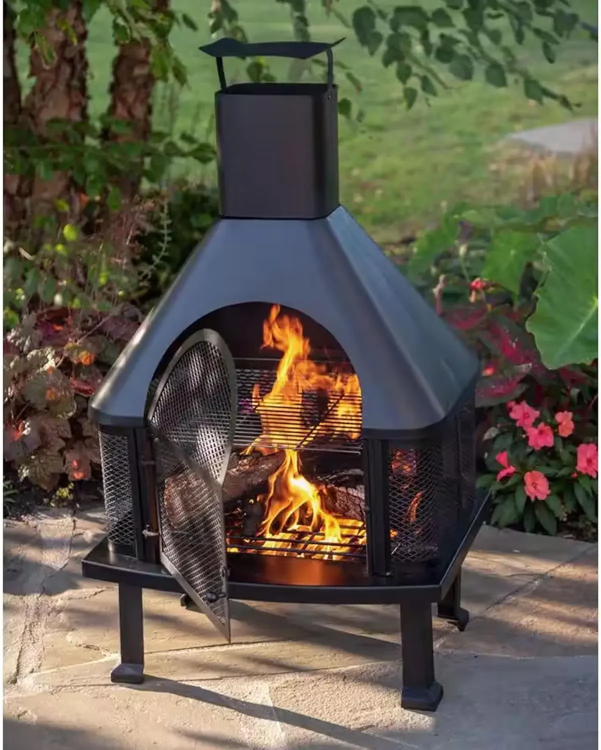 Chimenea de leña Chimenea de acero al aire libre Cuenco de fuego rectangular para patio trasero o calefacción de hoguera de cubierta, negro