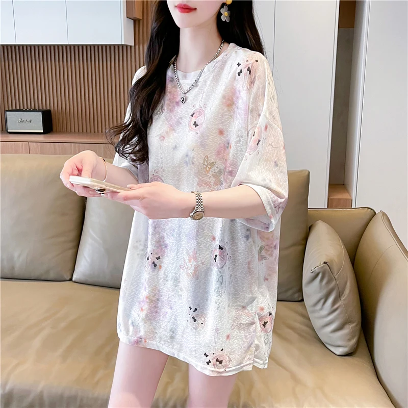 #0656 Sunscreen Short Sleeve T Shirt Women Summer Butterfly Printed Long Tshirt Vintage Loose O-neck Quick-dry T Shirt For Girl