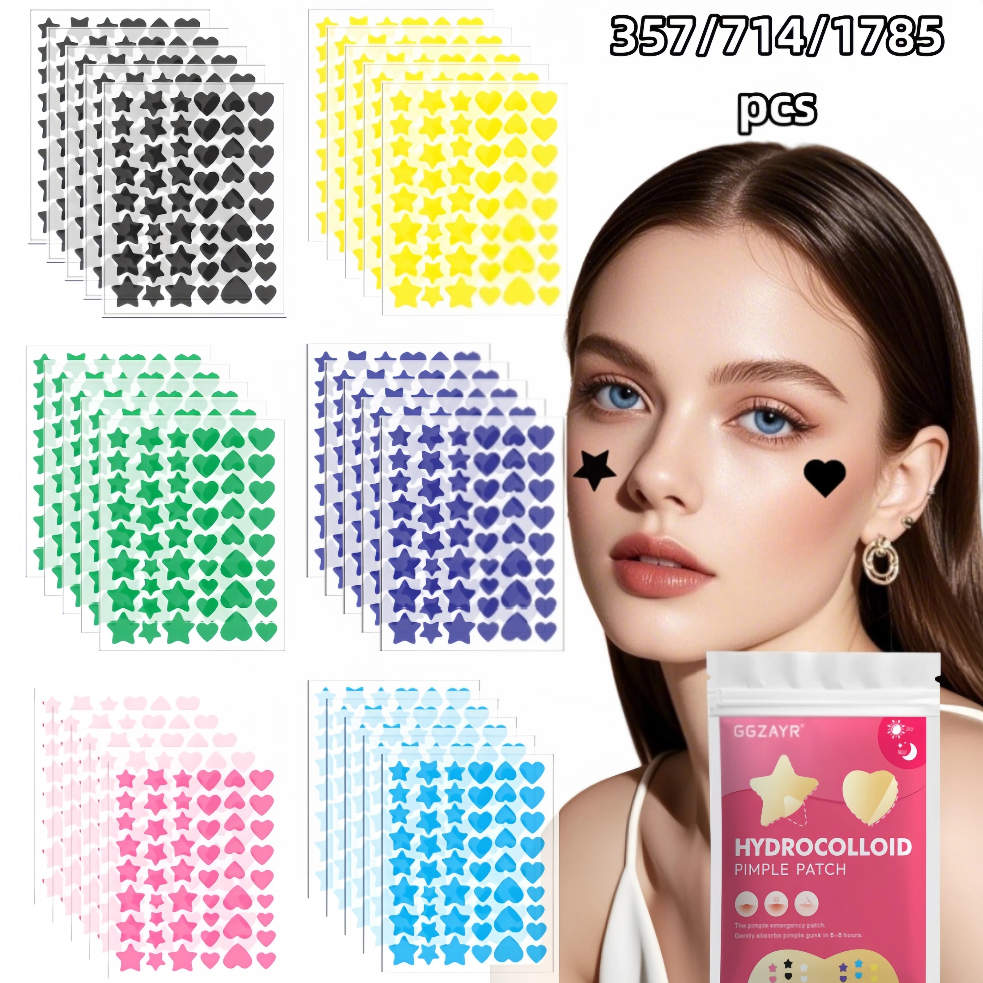 Star & Heart Spot Patches 357/714/1785pcs, Twinkle Mixed Hydrocolloid Acne Stickers, Skin-Friendly Cover