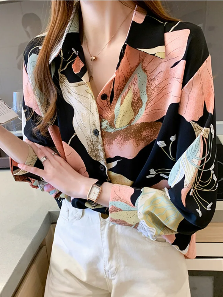 #3124 Spring Vintage Printed Chiffon Shirts Women Loose Floral Printed Shirt Blouse Femme Long Sleeve Womens Tops And Blouses