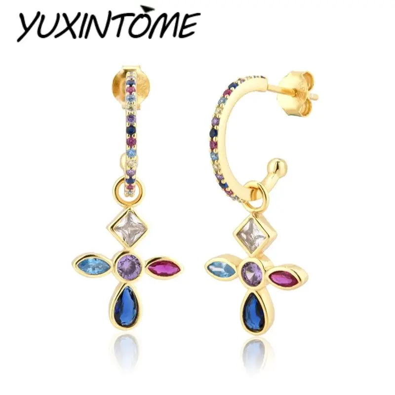 

925 Sterling Silver Ear Needle Europe and America Classic Retro Colorful Cross Zircon Pendant C-shaped Earrings Jewelry Gifts