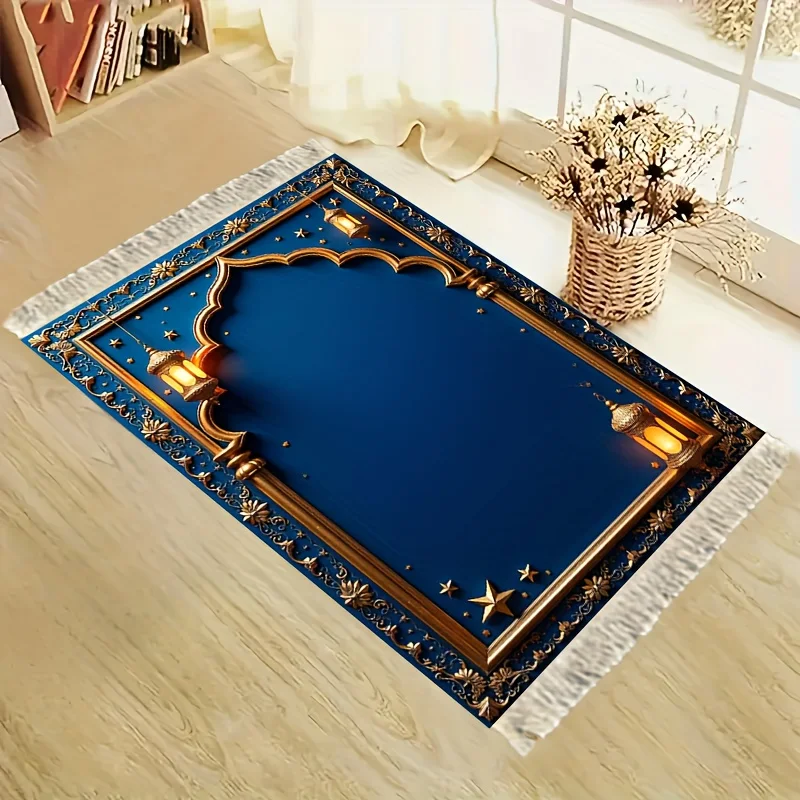 

VIKAMA Luxury Soft Anti-Slip Islamic Prayer Carpet Gold Embroidered Lantern Design Muslim Worship Home Decorative Rug