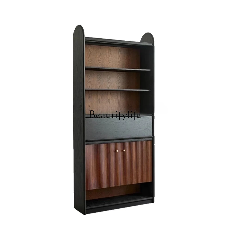 

French retro solid wood living room whole wall combination bookcase middle antique magazine cabinet with glass