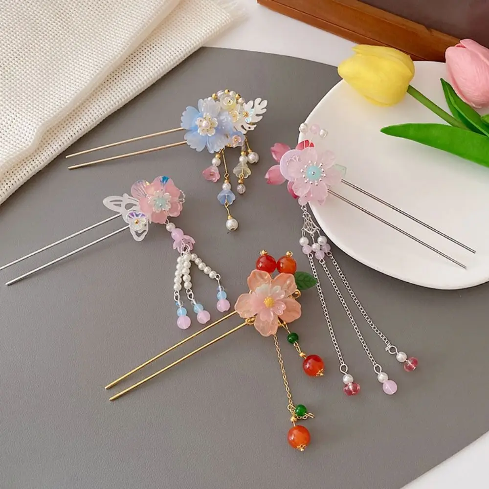 Chinese Style Flower Hair Stick Handmade Alloy Hanfu Hair Bun Vintage with Tassel Butterfly Hairpin For Girls Children