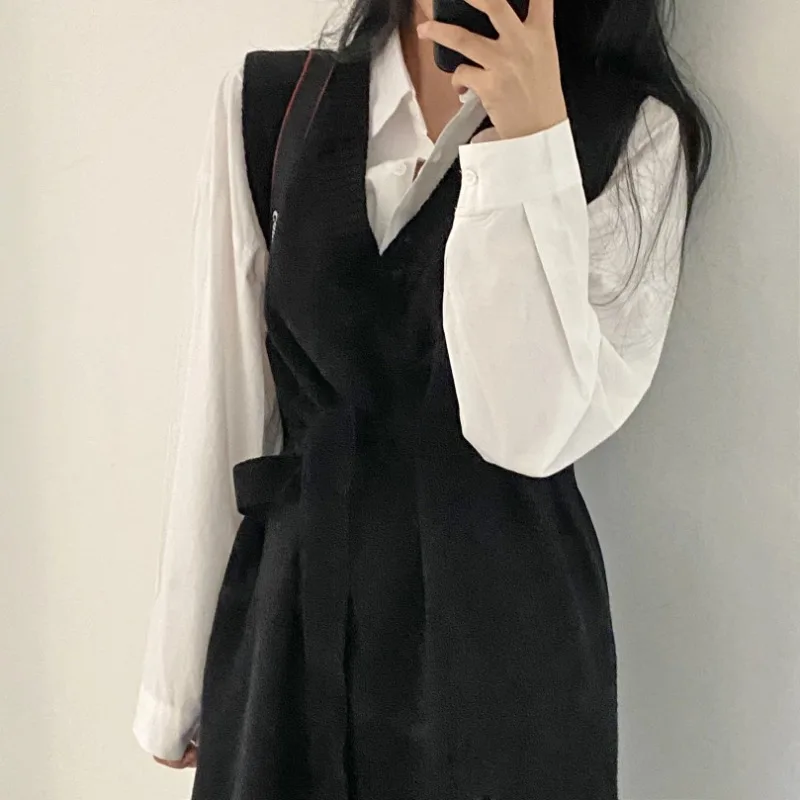 Fashion Elegant Knit Vest Dress+long Sleeve Simple Solid All-match Shirt 2024 Autumn Winter Korean Chic Woemn Suits