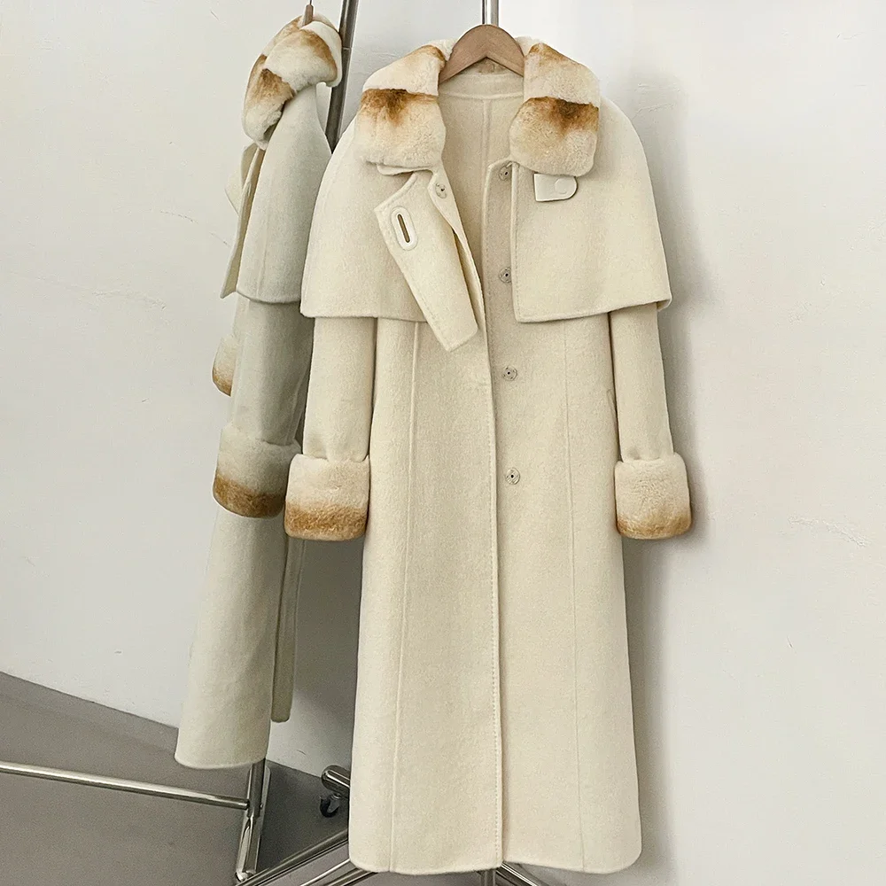 OFTBUY Neue Winter-Luxus-Oberbekleidung für Damen, Langer Woll-Alpaka-Mantel mit Gürtel, Cape-Kragen, Echtes Rex-Kaninchenfell, Elegante Damenjacke – Detail 8