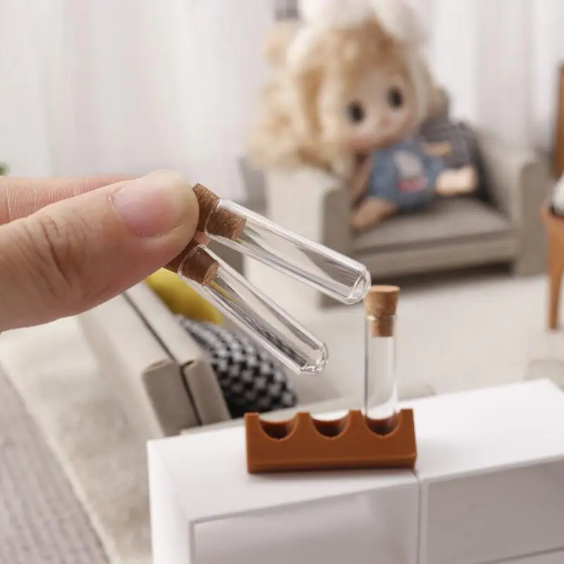 Simulated Mini Glass Jar Test Tube With Rack Kit 1/12 Dollhouse Laboratory Model Decoration Accessories Kid Pretend Play Toys