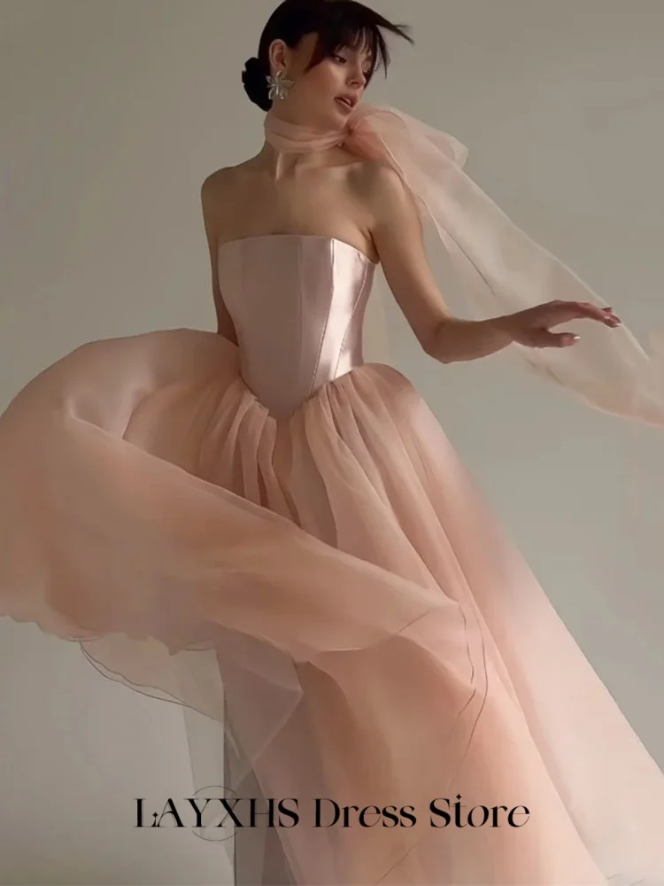 LAYXHS فساتين سهرة عصرية وردي بدون حمالات على شكل حرف a من التل مشد بفيونكة فساتين لحضور الحفلات الموسيقية مخصصة رداء السهرة #2