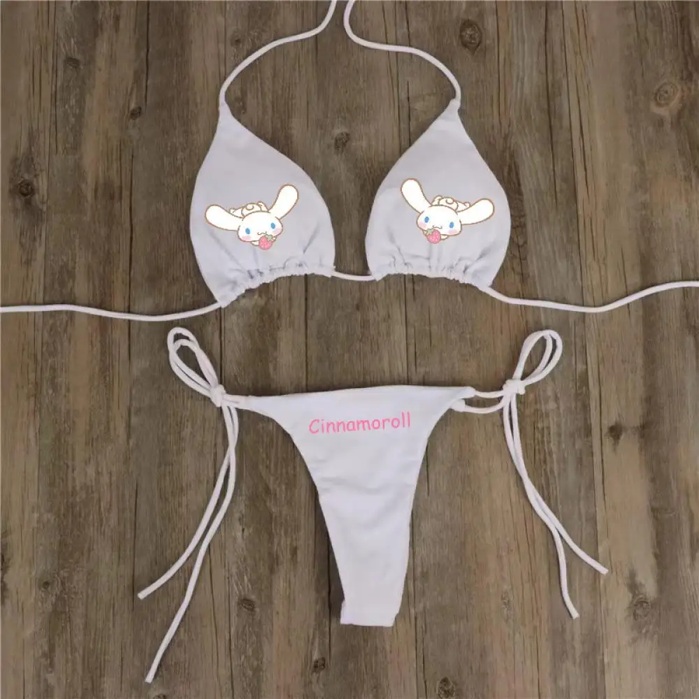 Conjunto de Bikini de Hello Kitty Grils para mujer, traje de baño Sexy de encaje con cuello Halter Sanrio, traje de baño Multicolor ajustable con tirantes, 2 uds.