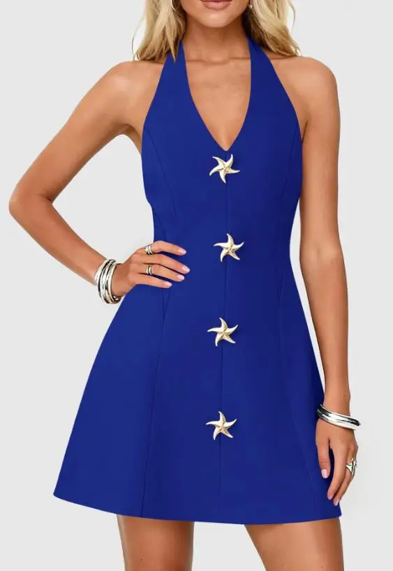 

Women's Dress Summer New French Elegant Temperament Solid Five Pointed Star Button Decoration V-Neck Hanging Collar Party Dress