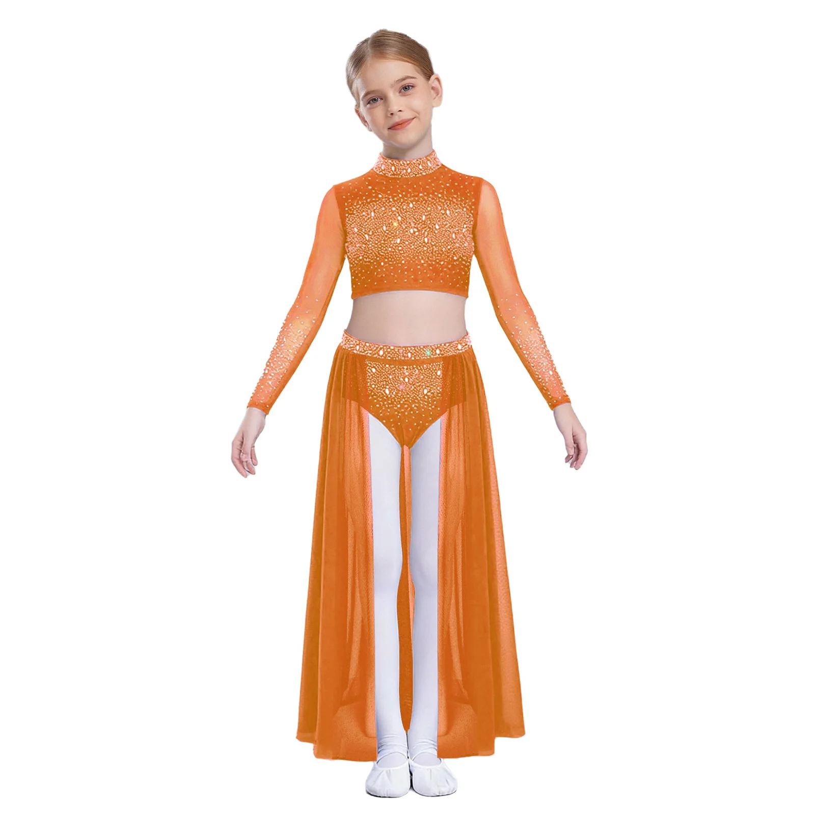 キッズガールズ叙情的ダンスセット現代スケートバレエジャズダンス衣装長袖ラインストーンクロップトップとシアーメッシュスカート
