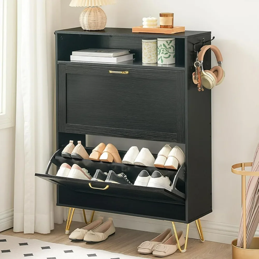 Entrance shoe storage cabinet with 2 flip drawers, hidden flip bucket shoe cabinet with open shelves and coat hooks