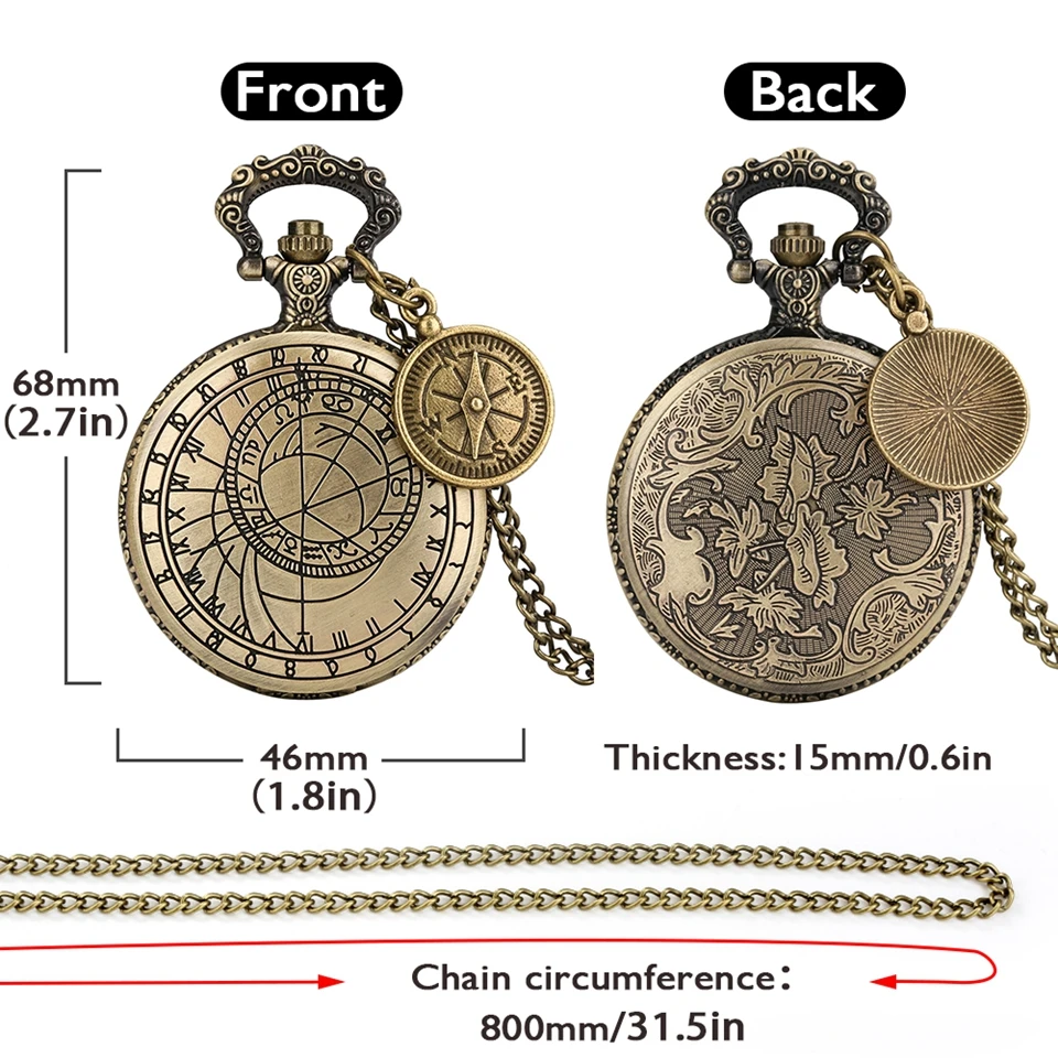 Bússola de bronze geometria praga design astronômico relógio de bolso de quartzo arte desenho colar relógios pingente com acessório