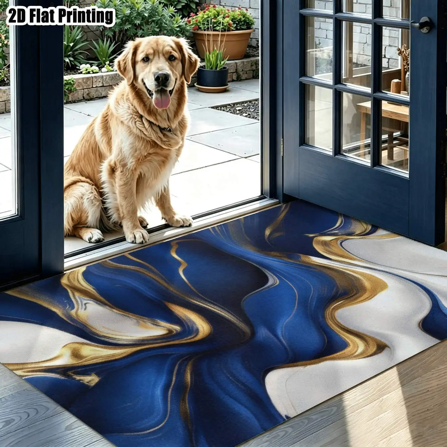 1Pc 2D Printed Carpet: Blue, White & Gold Abstract Art Nordic/Instagram Style Modern Minimalist Geometric Striped Floor Mat, Multi-Size, Machine Washable, Ideal for Entrance, Dining, Foyer, Living Room & Bedroom Home Decor