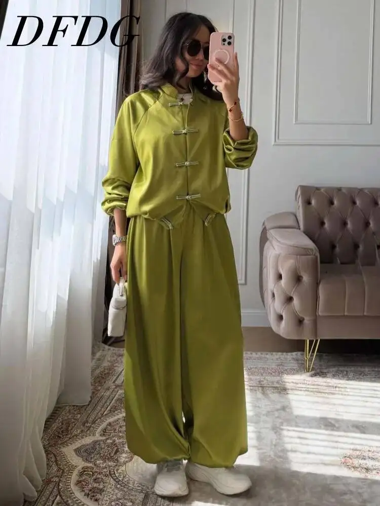 DFDG Women 2026 Spring Summer Chinese Style Frog Button Satin Two Piece Long Sleeve Top High Waist Loose Harem Pants Casual Set