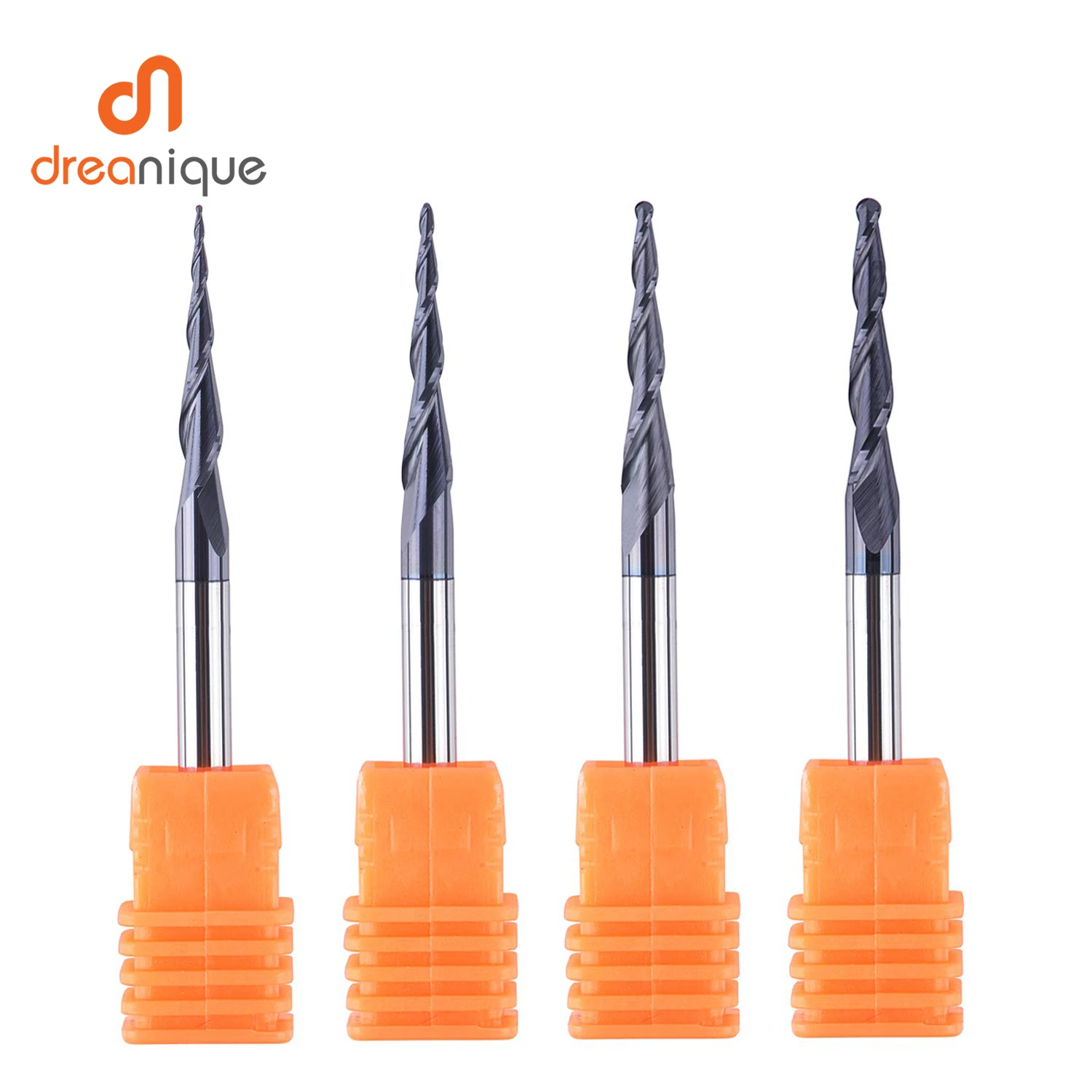 

Dreanique, 4 шт./лот, набор из 4 мм, 2-зубая шаровая концевая фреза с коническим наконечником, твердосплавная фреза с ЧПУ R0,25 мм-1,0 мм, гравировальная фреза