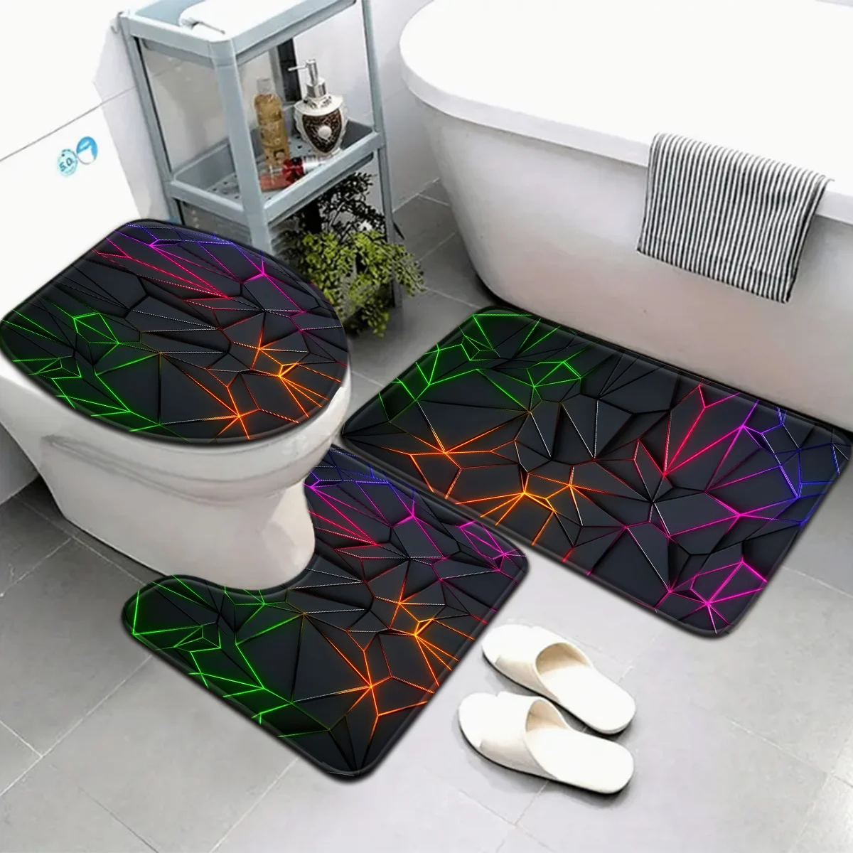 

Abstract Geometric Neon Glow Bathroom Floor Mat Set 3pcs Non-Slip Absorbent Toilet Lid Cover and U-Shaped Rug