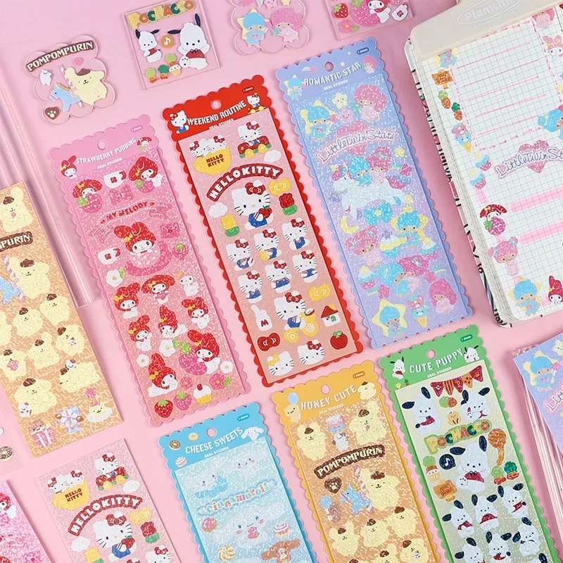 6pcs Sanrio Family Hello Kitty Cinnamoroll DIY Graffiti Kids Glitter Gudetama Stickers