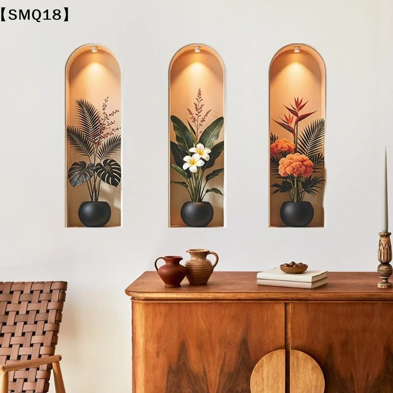 3Pcs Arch Niche Floral Wall Stickers 3D Visual Potted Plant Murals Self Adhesive Peel and Stick for Bohemian Home Decor