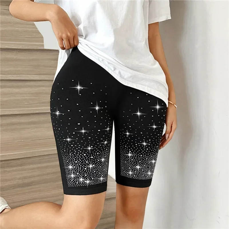 Pantalones cortos ajustados de diamantes de imitación elásticos negros para mujer, Leggings con letras de perlas, pantalones elásticos de