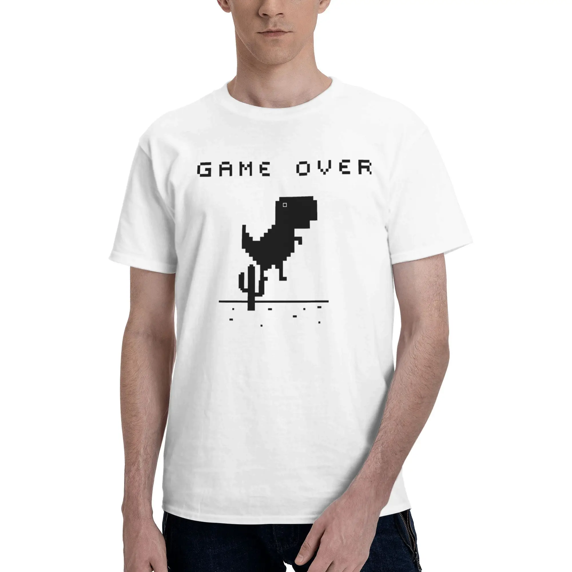 

Футболка Dino Game Over, мужская винтажная футболка из 100% хлопка, футболка с круглым воротником, одежда с короткими рукавами, большие размеры