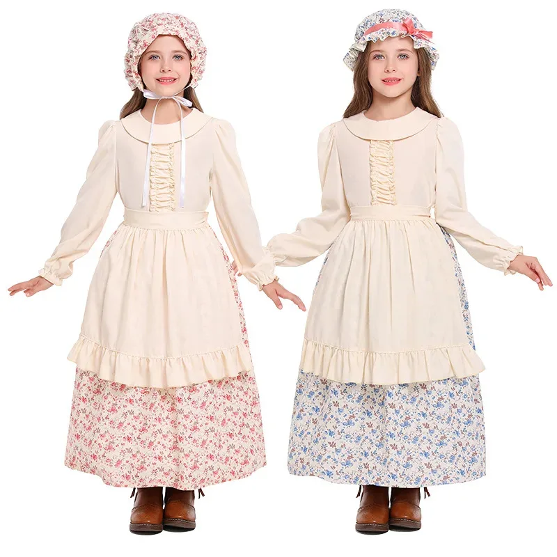 

Girls Halloween Colonial Pioneer Dress Pilgrim Medieval Peasant Girl Laura Ingalls Wilder Costume Stage Performance Maid Outfits