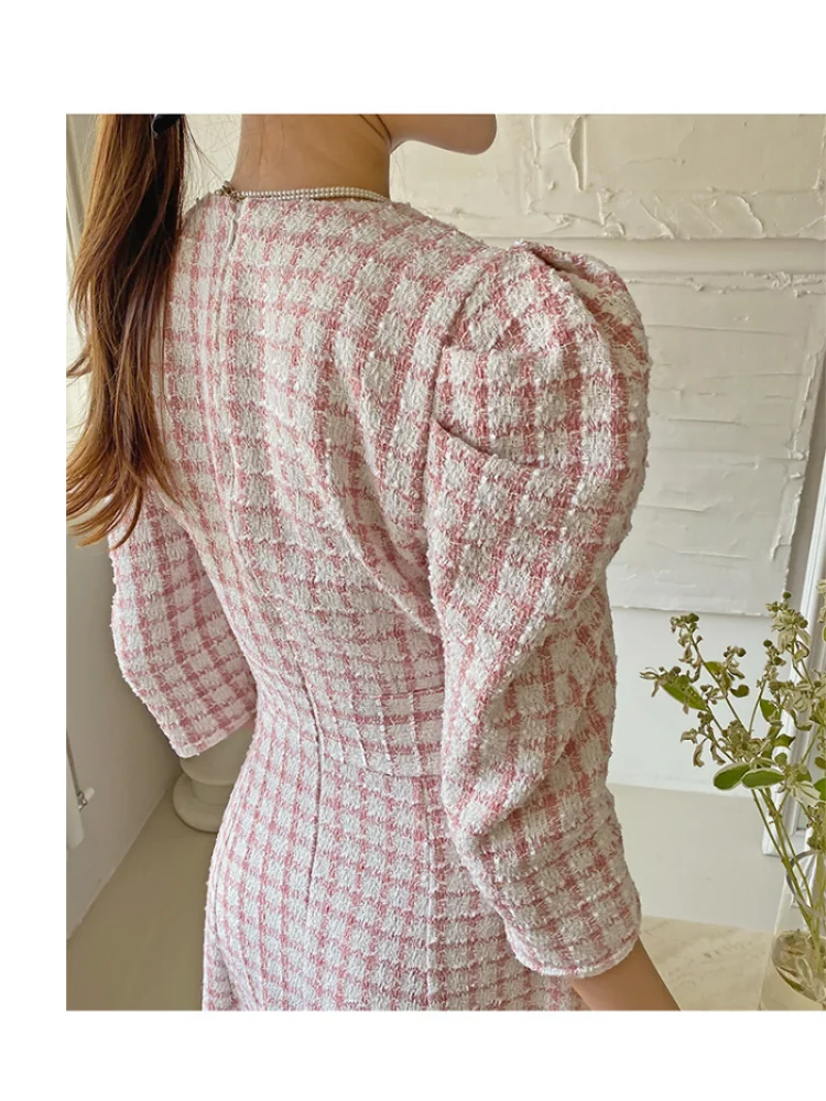 Autumn Winter 2023 O Neck Bird Lattice Tweed Dress for Women French Chic Vintage Elegant Vestidos Slim Waist Puff Sleeve Robes