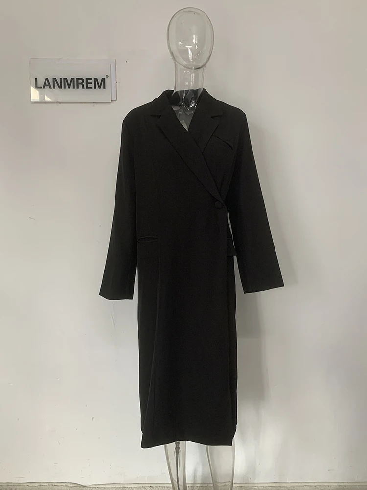 LANMREM Office Lady Long Trench Coat Women Notched Collar Gathered Waist Solid Color Windbreaker Fashion 2024 New 32C933