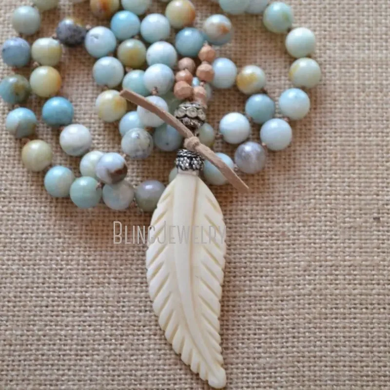 10pcs Boho Chic Knot  Beads Necklace for Women with Cream Bone Feather Pendant Designer Jewelry