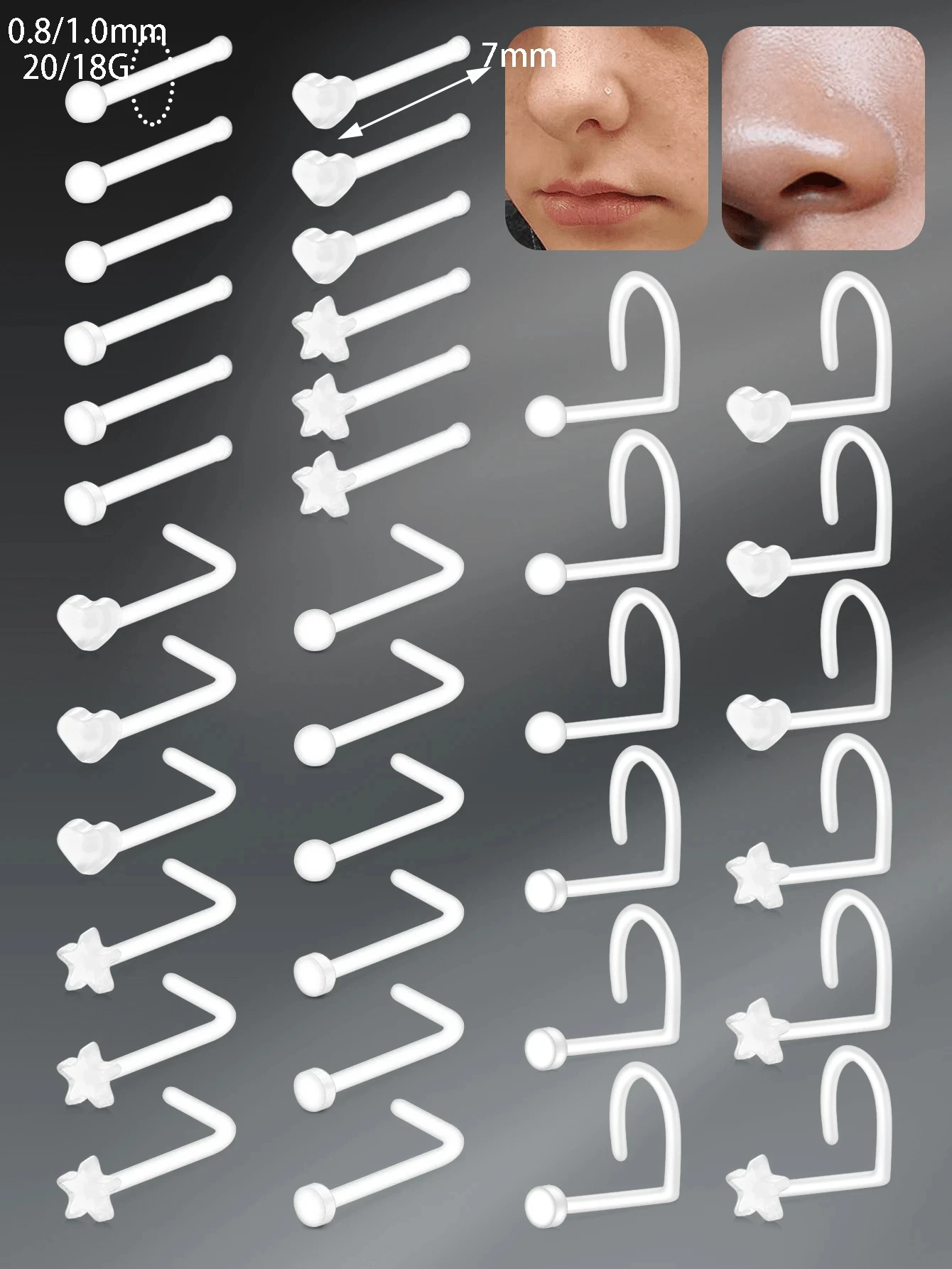 3pcs 18G 20G Acrylic Nose Studs Clear Nose Rings Retainer Straight L Shaped Screw UV Nose Rings Studs Body Piercing Jewelry