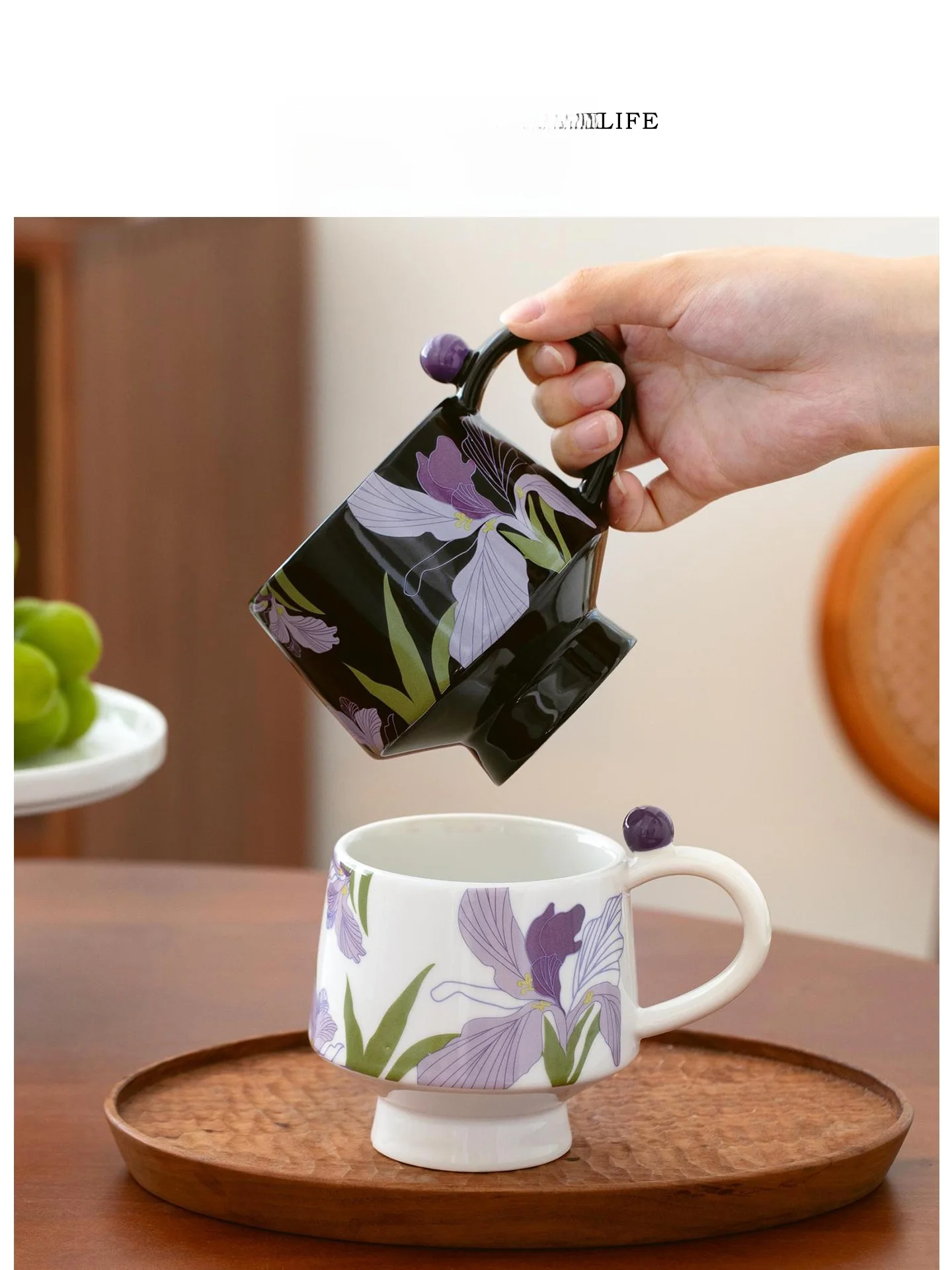 Tlife High Aesthetic Value Ceramic Iris Flower Design Mug Retro Tall Footed Cup for Adults Home Use Single Ear Handle Mug