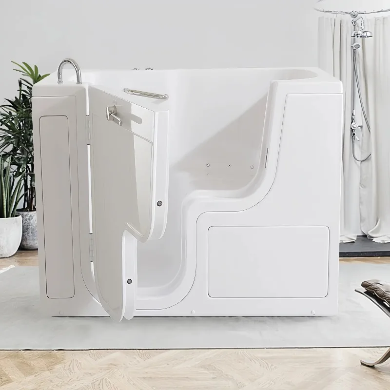 

A fully functional acrylic walk-in bathtub with a door, whirlpool massage jets, and a freestanding inner bathtub.