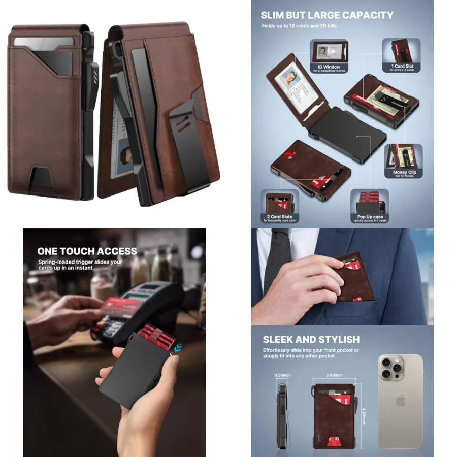 

Tactical Wallet for Men Card Holder: Pop Up Card Case, Genuine Leather, Smart, RFID Blocking, Slim, Minimalist, Thin, Front Poc