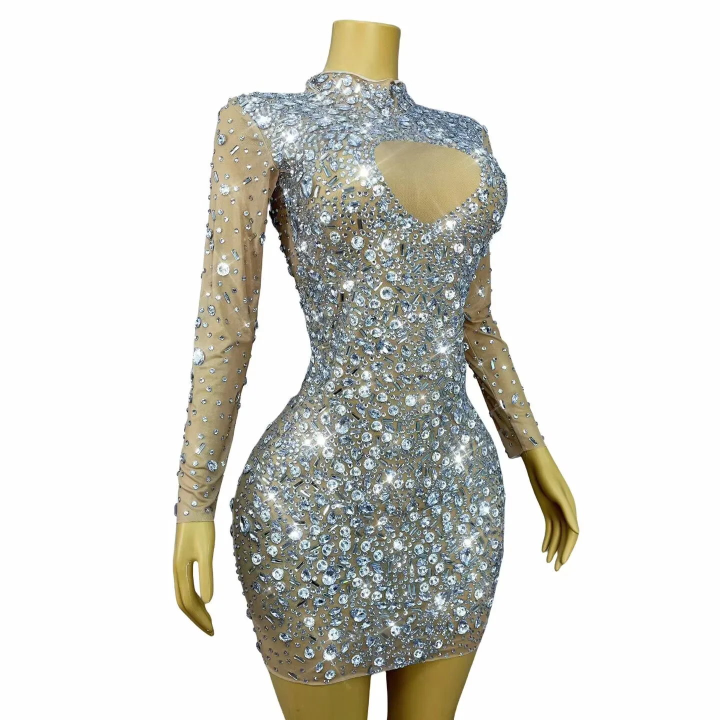 فاخر مثير مساء وامض الفضة الراين عارية شبكة زراعة فستان المرأة عيد ميلاد كوكتيل حزب ثوب السجادة الحمراء الزي