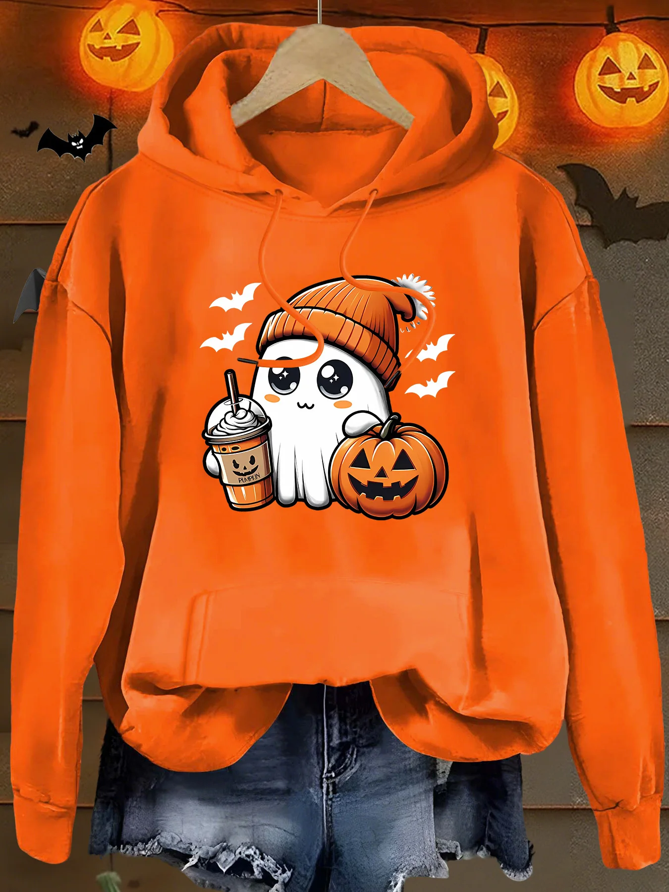 Women Simple Creative Halloween Print Hoodie Long Sleeve Casual Hooded Sweatshirt Fashion Streetwear Tops For Holiday