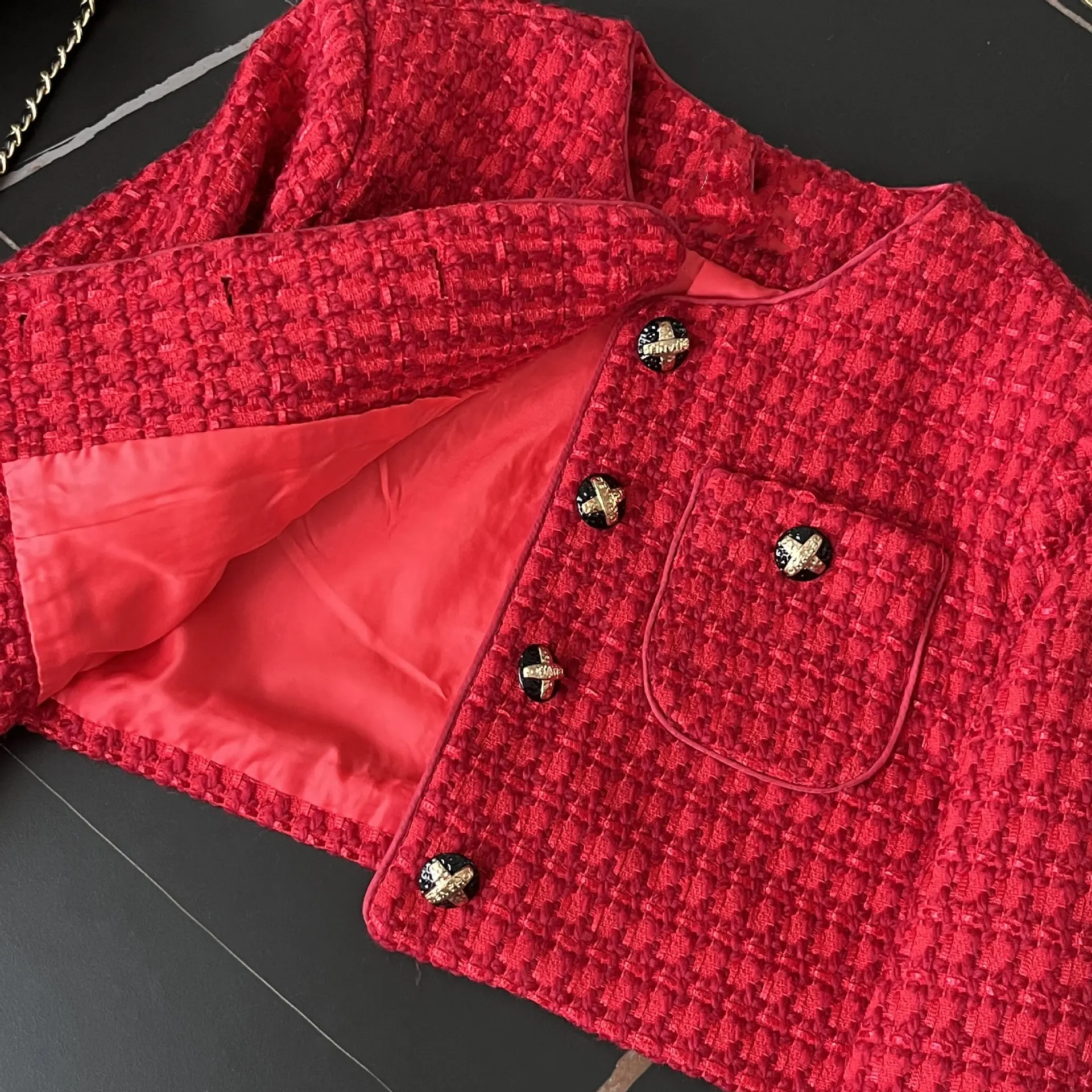 High Quality Chic Tweed Weave Cropped Jacket Women Trendy Round Neck Red Blazer Coat Small Fragrant Wind Single Breasted Outwear