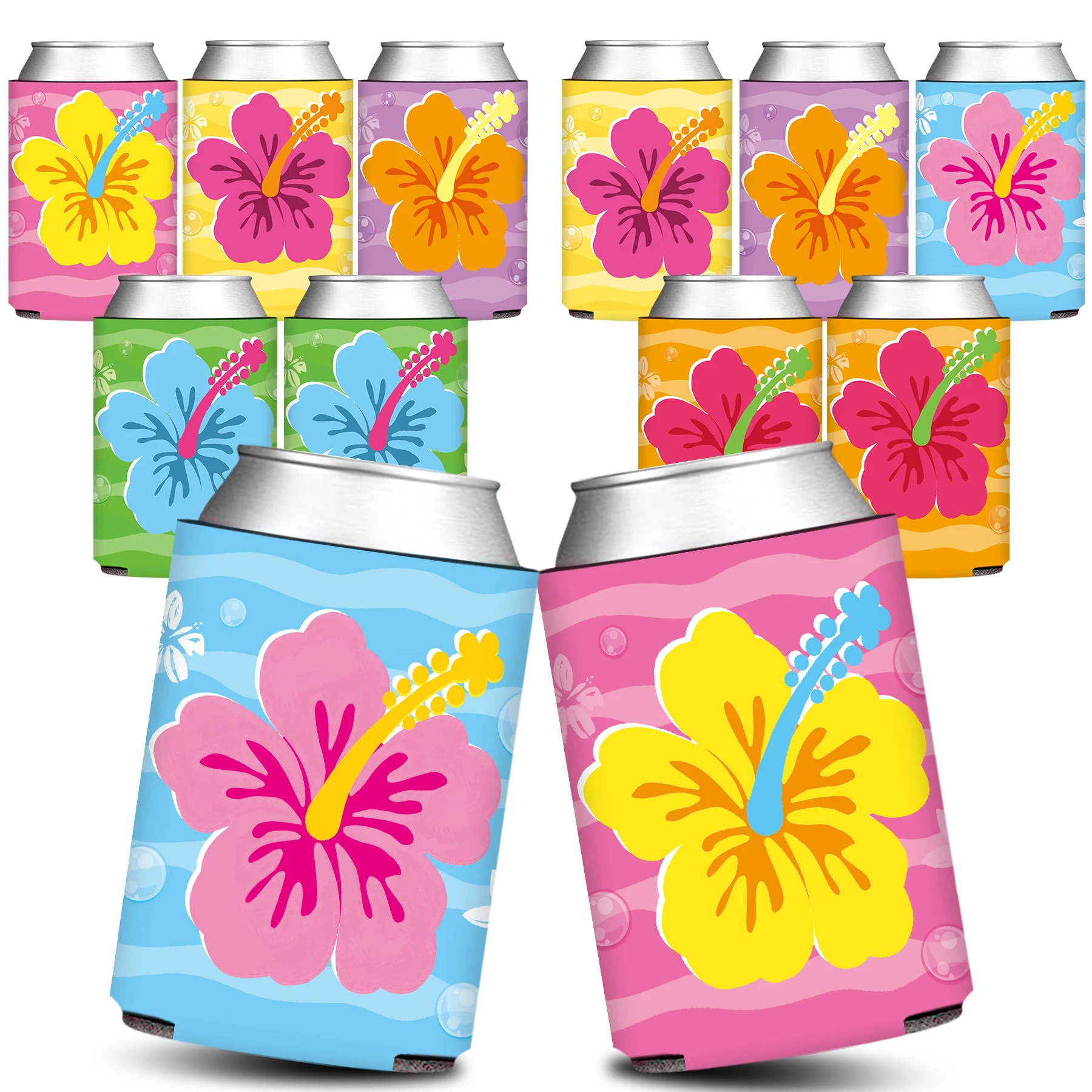 Colorful Hibiscus Flowers Party Thermal Cooler Can Sleeves, Aloha Tropical Island Adventure Beer Beverage Drink Can Cover Holder