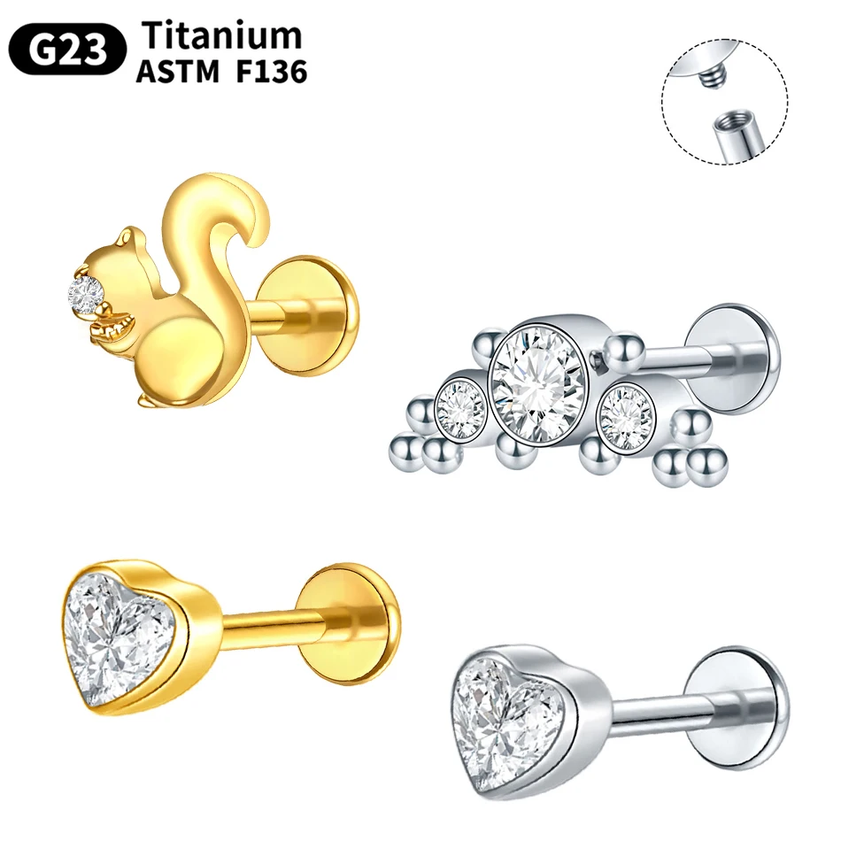 1Pc Titanium 16G Cluster CZ Labret Lip Monroe Stud Squirrel Flat Back Earring Animal Tragus Helix Piercings Cartilage Jewelry
