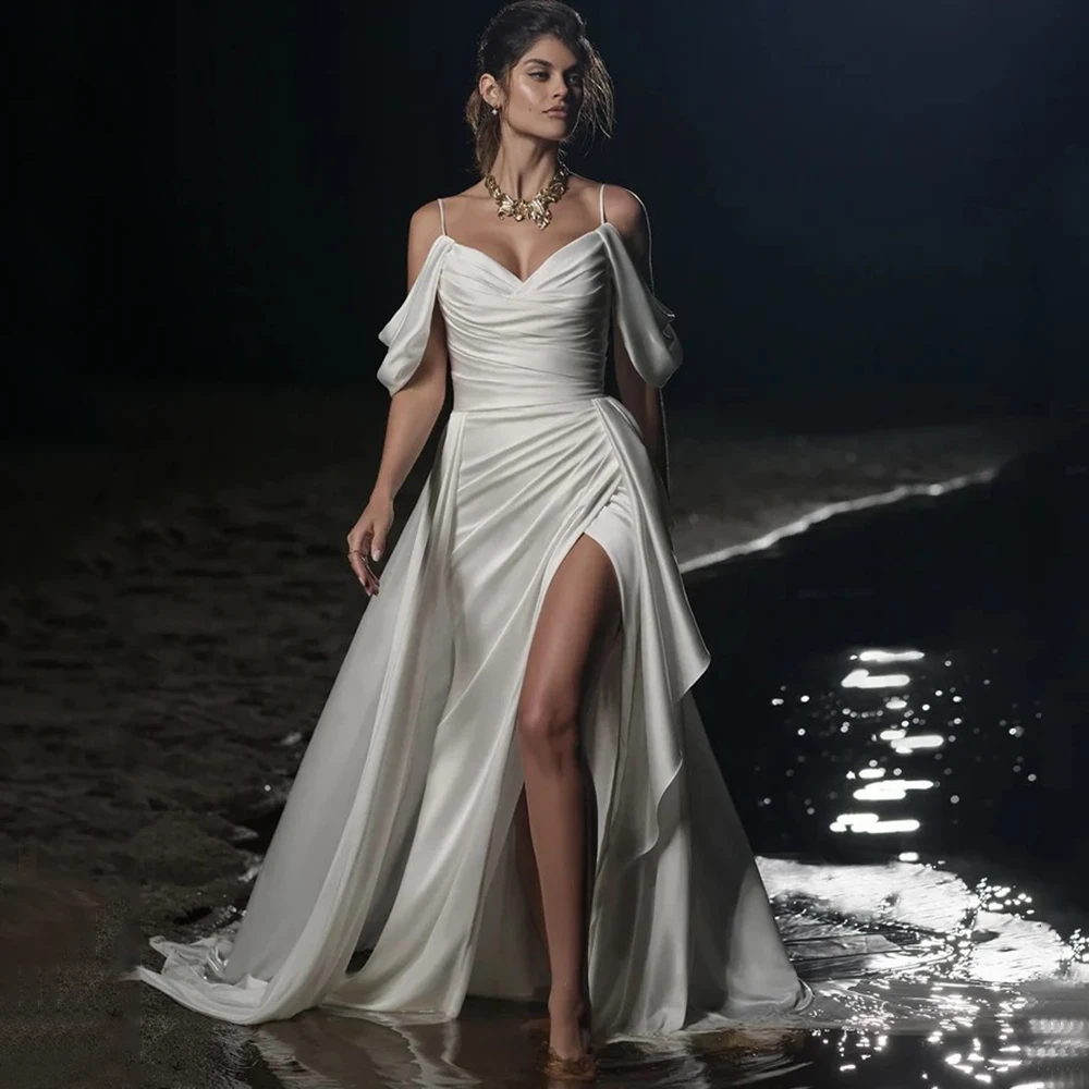 V-Neck Pleat Wedding Dress Spaghetti Straps Off the Shoulder Short Sleeves Sexy Side Slit Mermaid Floor Length with Sweep Train