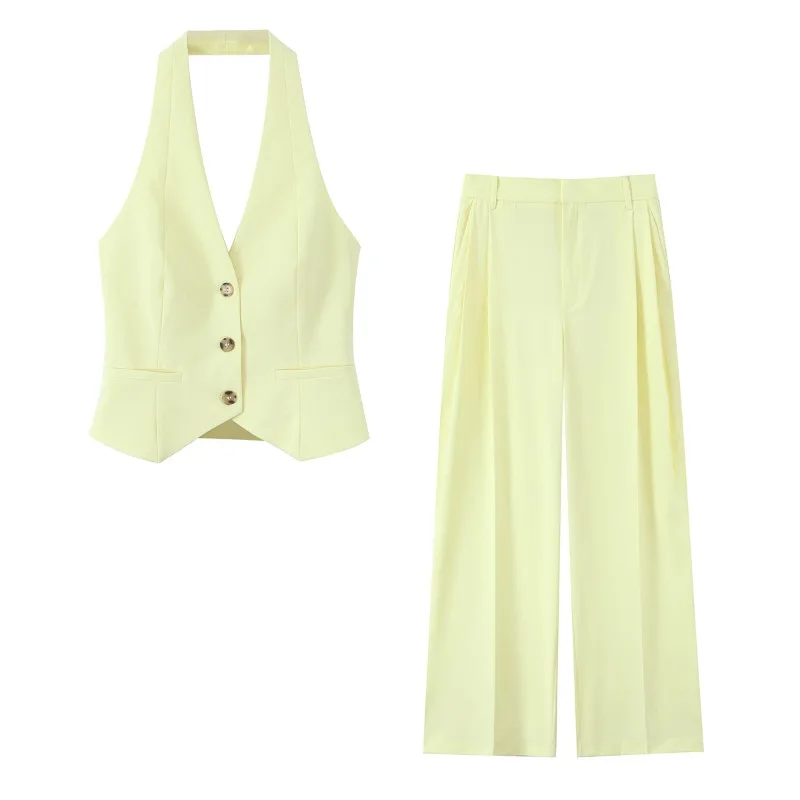 

Sexy sleeveless backless halter tops Vest+skinny high waist pants 2-Pieces sets new fashion pleated pants suit Woman Clothing