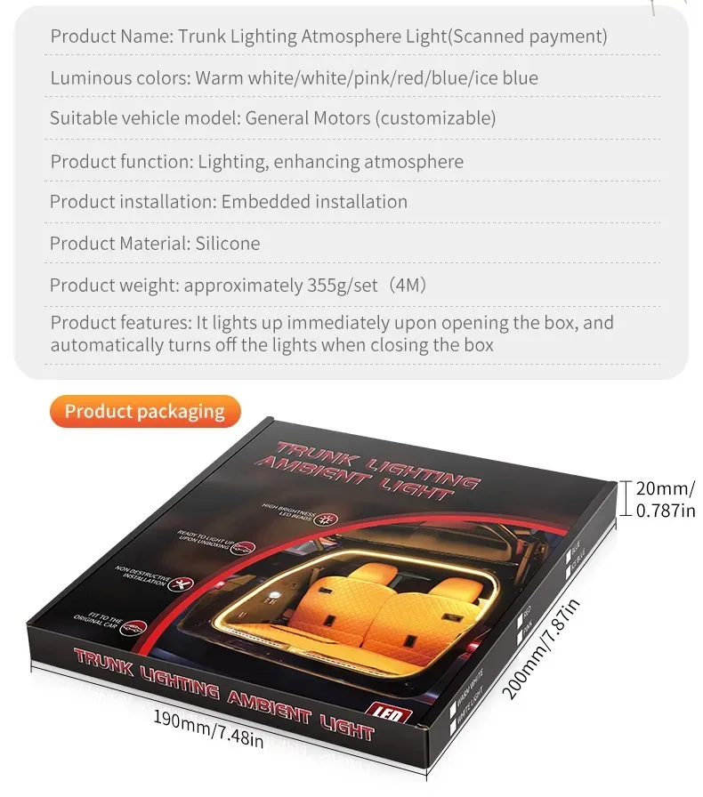 Auto Hochleuchtende Kofferraumbeleuchtung Ambientelicht 2/4M Innendekorations-LED Kabellose Automatische Sensor-Heckklappenbeleuchtung – Detail 7