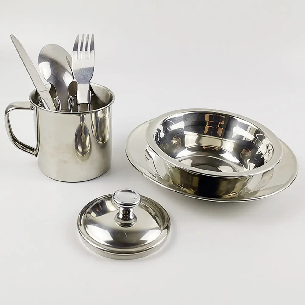 

Stainless Steel Camping Cookware Set Foldable Handle Durable Portable Outdoor Picnic Hiking Lightweight Cookware