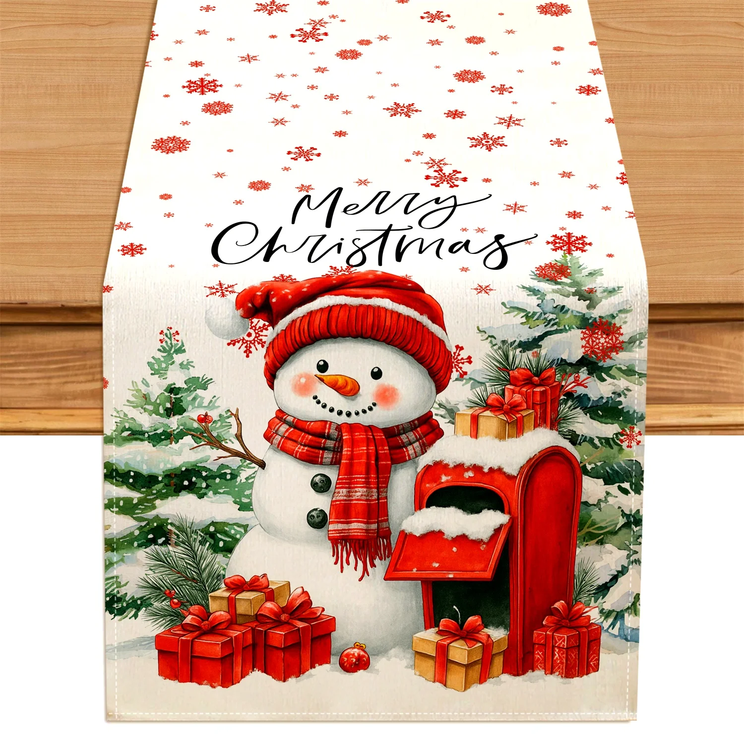مفرش طاولة عيد الميلاد - مطبوع مسطح، يتميز ندفة الثلج، رجل الثلج، شجرة الثلج والصنوبر، مثالي لهدايا عيد الميلاد المجيد #1